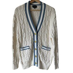CARBON38 M Varsity Cable Knit Cardigan Light Academia Sporty Coastal Preppy Cozy